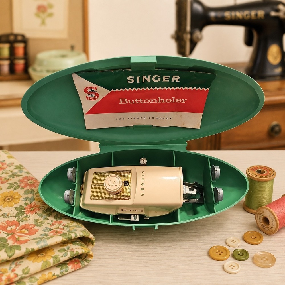 Singer Buttonholer Sewing Machine Attachment 1960 In Green Case Vintage Retro